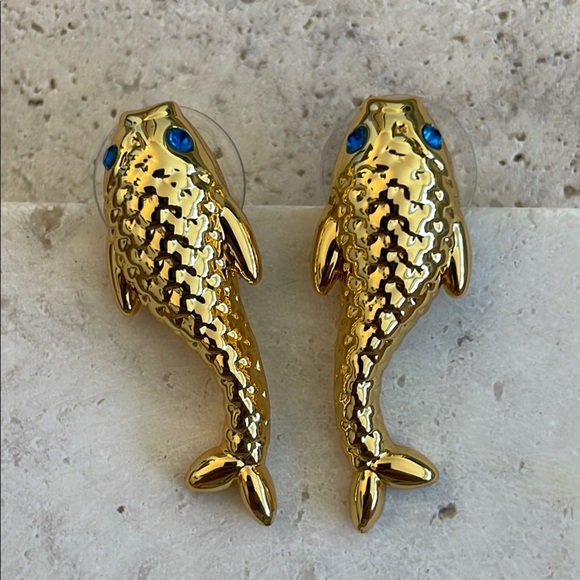 Lele Sadoughi Gold and Blue Fish Motif Earrings - Picture 1 of 3